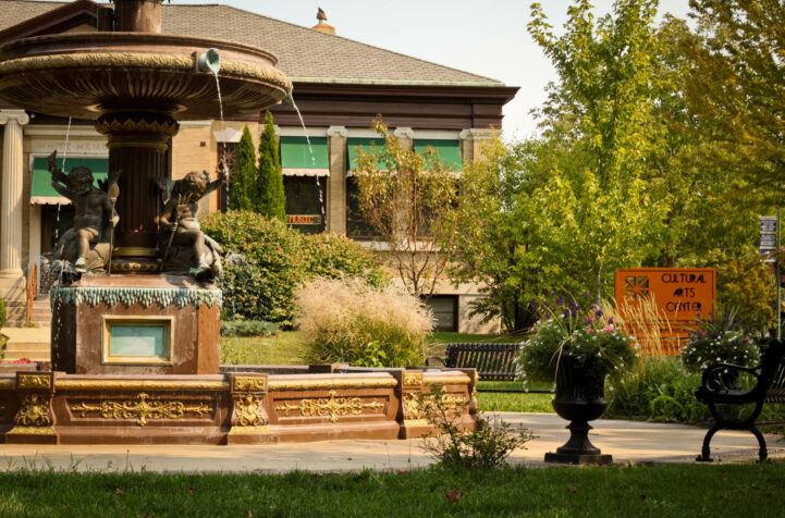 A fountain sits in front of the Cultural Arts Center in Whitewater, WI